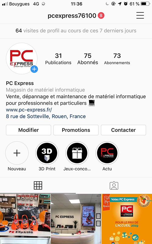 Page Instagram du magasin PC Express