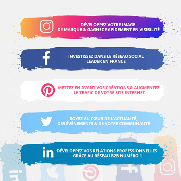 Infographie des réseaux sociaux Instagram, Facebook, Pinterest, Twitter & LinkedIn